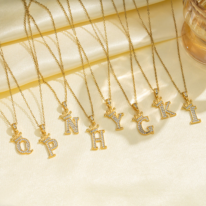 Crown Paved Diamond Initial Letter Necklace, 14K Gold Plated Personalized Dainty Chain, A-Z Available