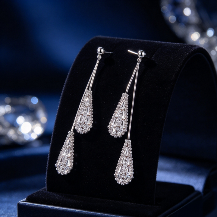 Double Layer Teardrop Full Diamond Long S925 Silver Threader Earrings, Luxury Baguette Cut Diamond Dangle Earrings, Gold & Silver Two Tones