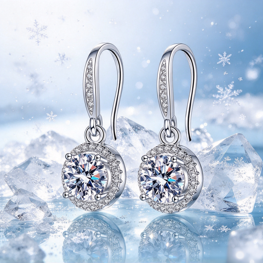 S925 Silver Round Halo Hook Earrings, Luxury Round Diamond Dangle Earrings