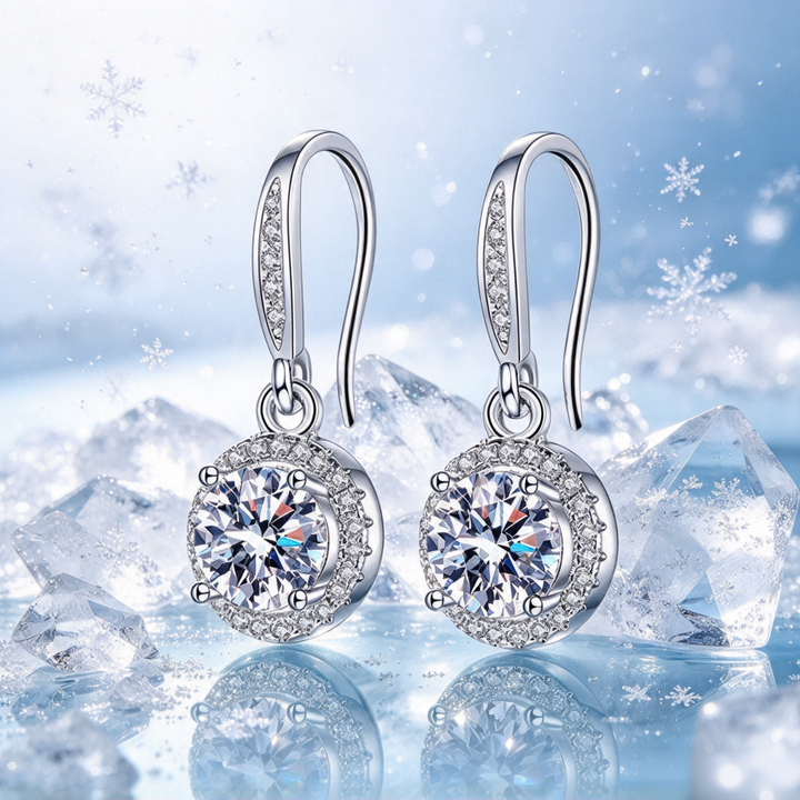 S925 Silver Round Halo Hook Earrings, Luxury Round Diamond Dangle Earrings