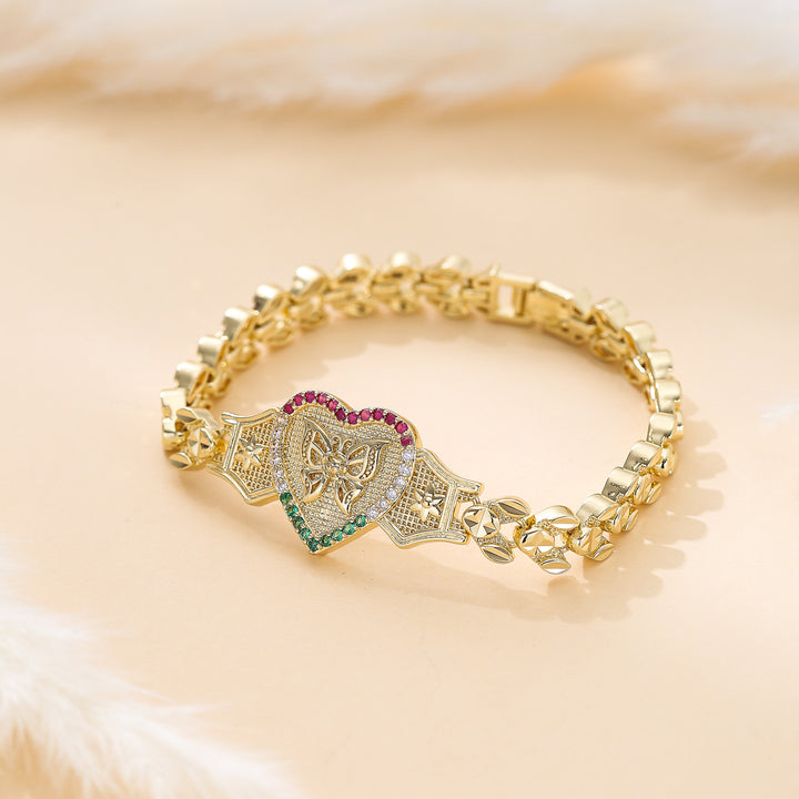Tri‑Color Heart Butterfly Engraved Adjustable Bracelet