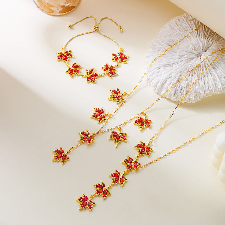 Red Diamond Maple Leaf Jewelry Set (Necklace + Bracelet + Hoop Earrings)