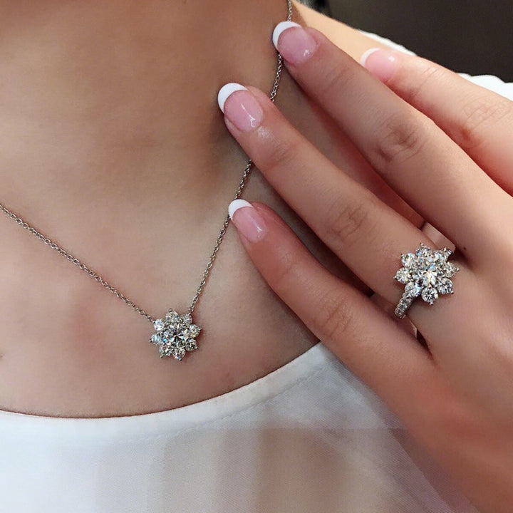 Sunflower Pavé Jewelry Set (Light Luxury Niche Sparkling Earrings / Ring / Necklace)