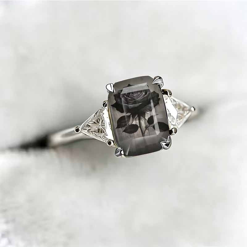 Rectangle‑Shape Black Rose Printed Ring, Two‑Tone Options