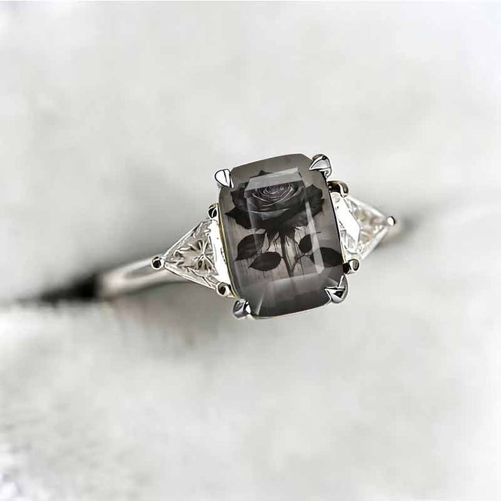 Rectangle‑Shape Black Rose Printed Ring, Two‑Tone Options