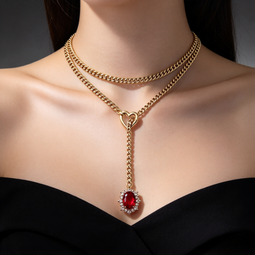 Double Layer Heart Clasp Colored Gem Y-Necklace