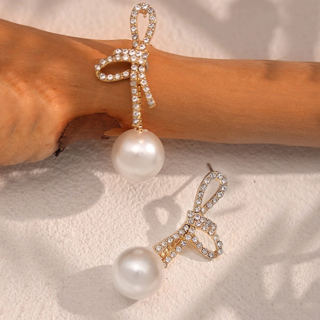 Paved Crystal Bow Pearl Drop Stud Earrings, Sweet Luxury Bow Dangle Pearl Earrings