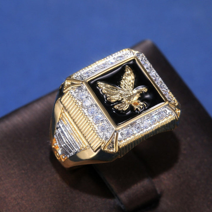 Black Enamel Eagle Embossed Square Men Signet Ring, Luxury Paved Diamond Wide Vintage Business Statement Band