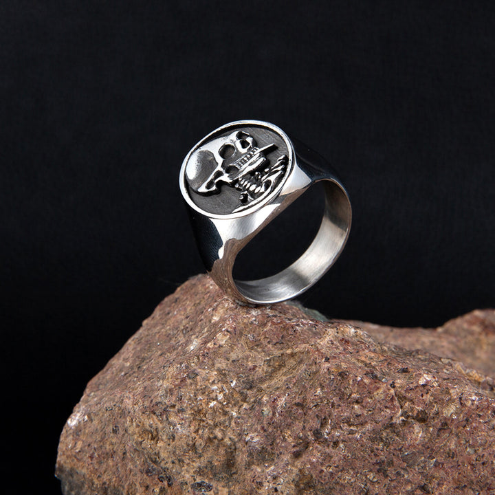 Vintage Embossed Skull & Dagger Round Signet Ring, S925 Silver Antiqued Dark Punk Wide Band For Men