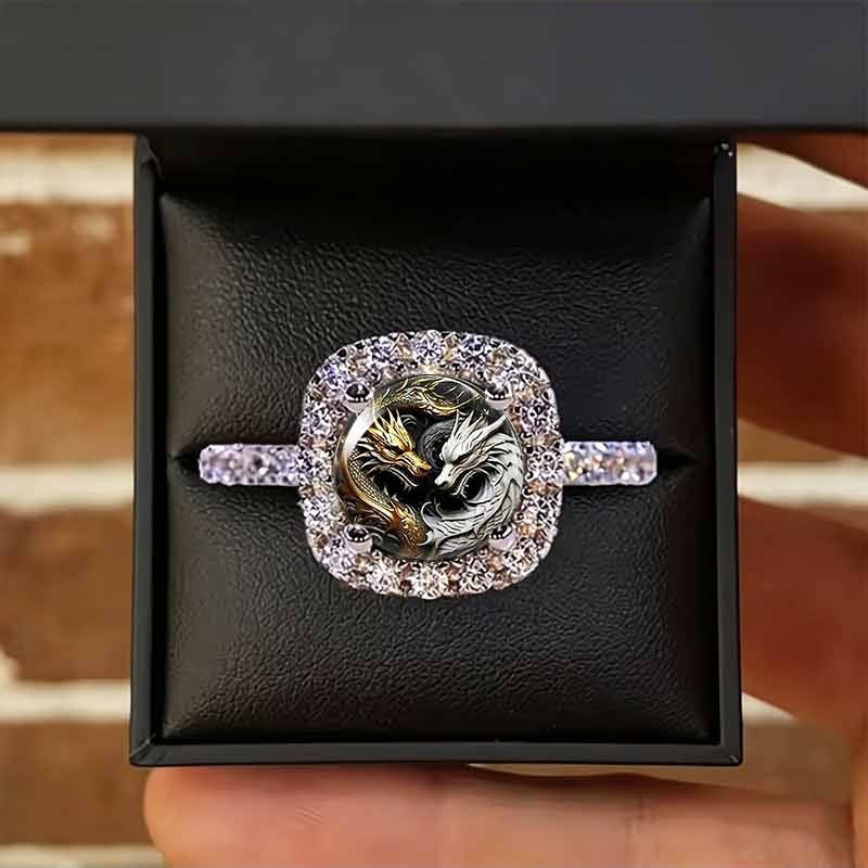 Square Halo‑Set Yin‑Yang Dual‑Dragon Printed Ring
