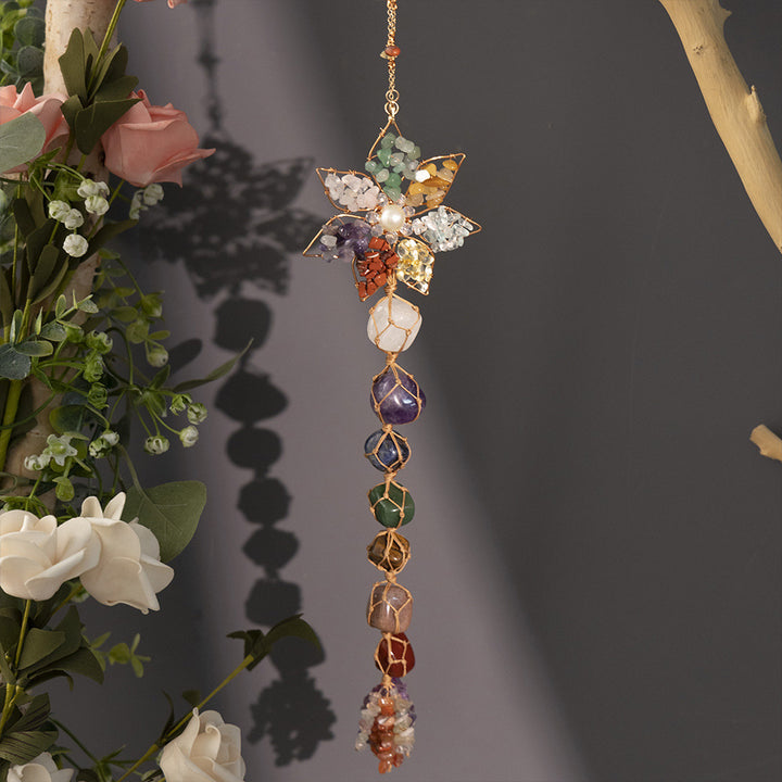 7 Chakra Six-pointed Star Natural Crystal Hanging Ornament, Hand Wire Wrapped Raw Stone Rearview Mirror Pendant Bohemian Home Wall Decor