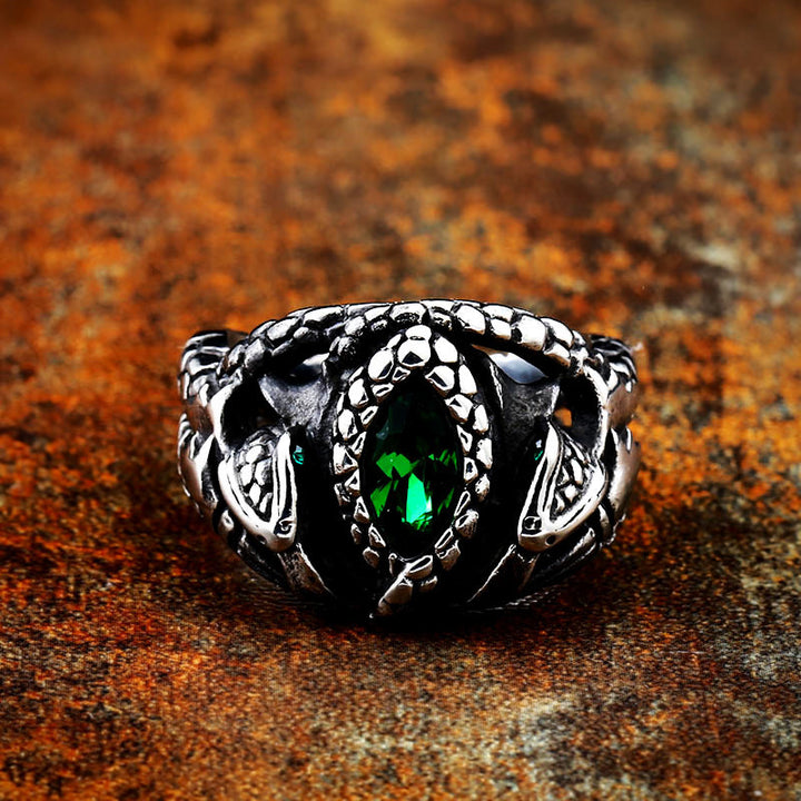 Vintage Antique Double Snake Wrap Green Diamond Ring, Dark Punk Sculpted Men’s Statement Band