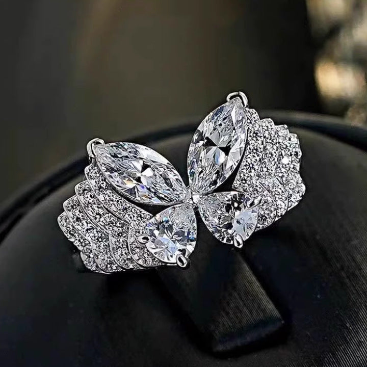 S925 Silver Pave‑Set Butterfly Wing Ring, Gorgeous Heavy‑Duty Stackable Sparkling Ring for Women