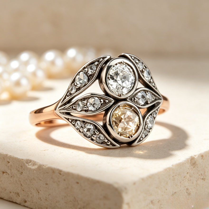 Edwardian Vintage Dual Center Stone Leaf Two-Tone Ring, Solid S925 Silver Rose Gold & Antiqued White Engagement Band