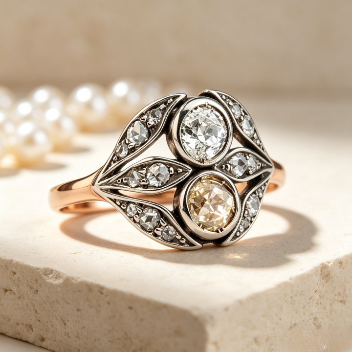 Edwardian Vintage Dual Center Stone Leaf Two-Tone Ring, Solid S925 Silver Rose Gold & Antiqued White Engagement Band