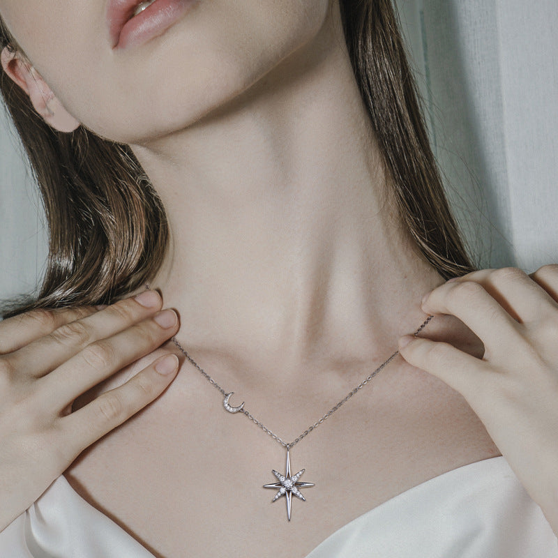 8-Point Star & Crescent Moon Dual Pendant Necklace, Gold Silver Two-Tone Luxury Women Choker