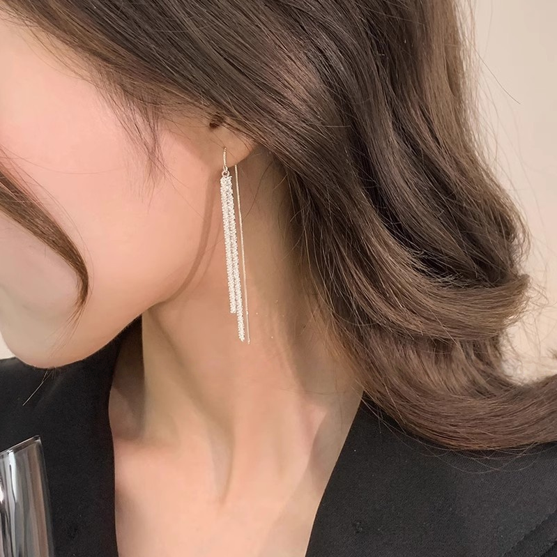 Double Sparkle diamond Tassel Long Drop Earrings (Delicate Luxury Silver Dangles)