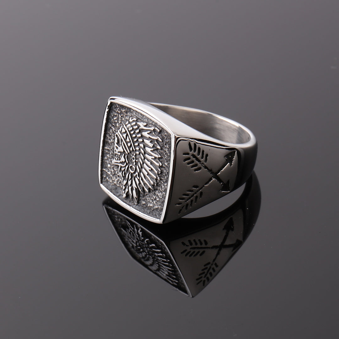 Native American Chief Skull Embossed Square Wide Ring, Solid S925 Silver Antiqued Tribal Heavy Men’s Band