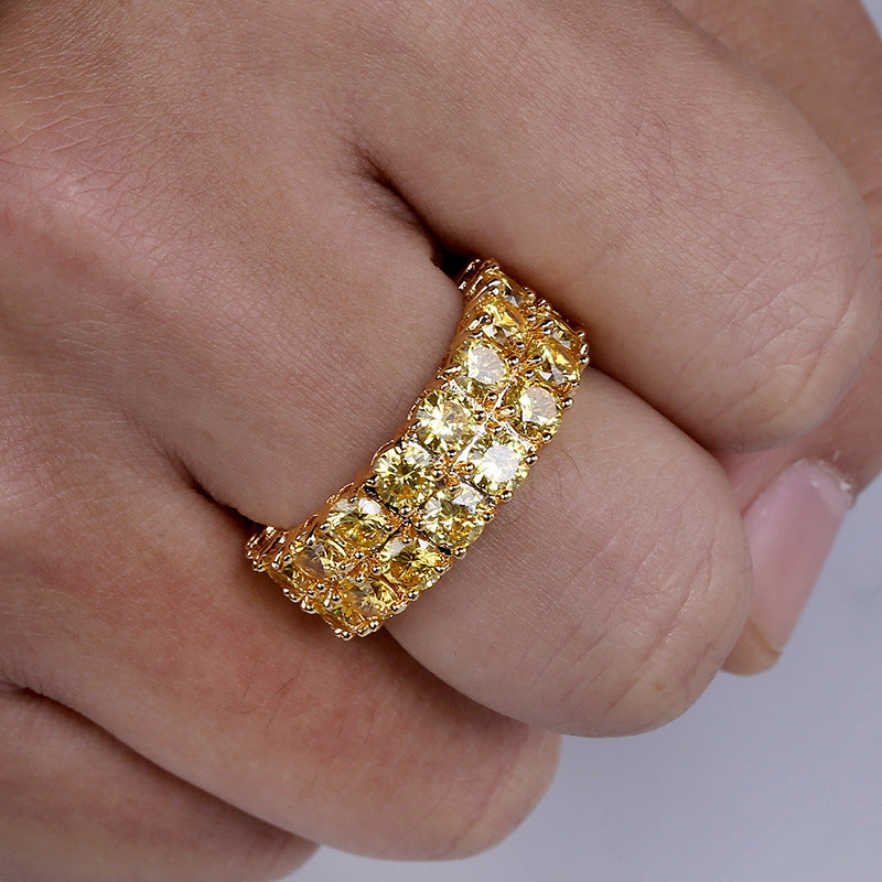 Double Row Round Diamond Full Eternity Ring, Gold Silver Yellow Stone Heavy Paved Wide Band