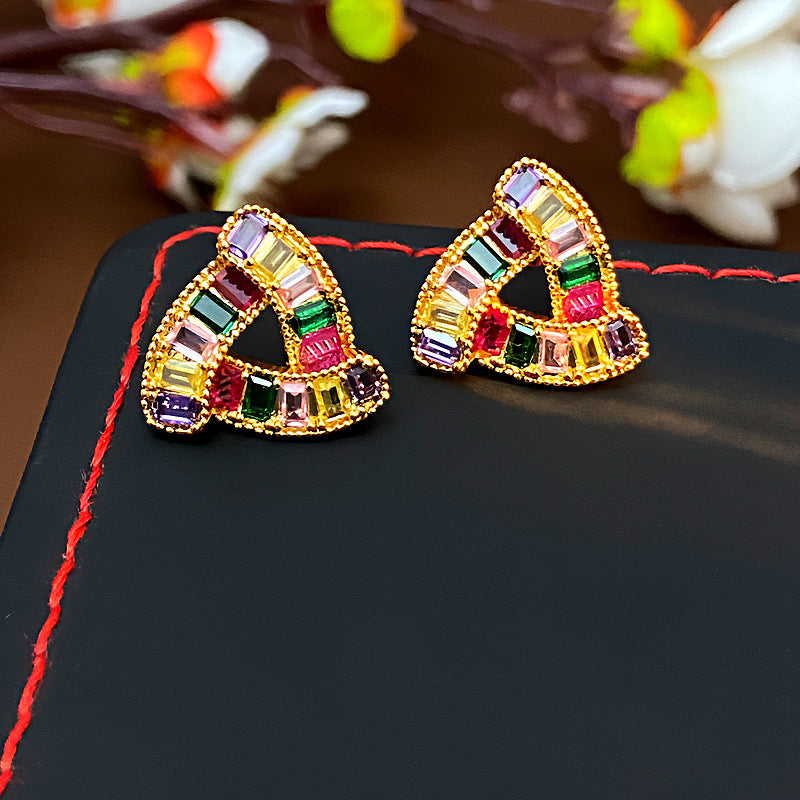 Colorful Diamond Triangle Hollow Stud Earrings, Gold & Silver Tone Rainbow Crystal Jewelry