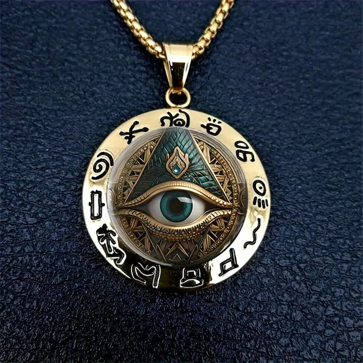 Vintage Horus Eye Pyramid Rune Round Pendant Necklace