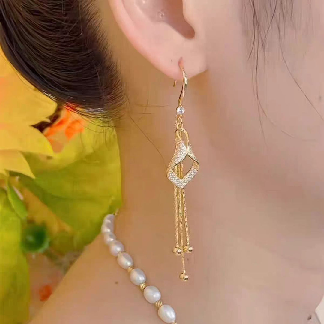 Luxury Hollow Paved Crystal Teardrop Tassel Hook Earrings, Long Snake Chain Bead Dangle Slimming Jewelry for Women