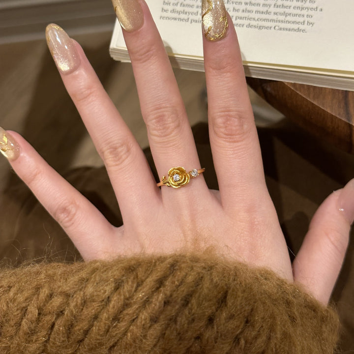 Vintage Rose Diamond Gold Tone Ring (French Romantic Statement Band)