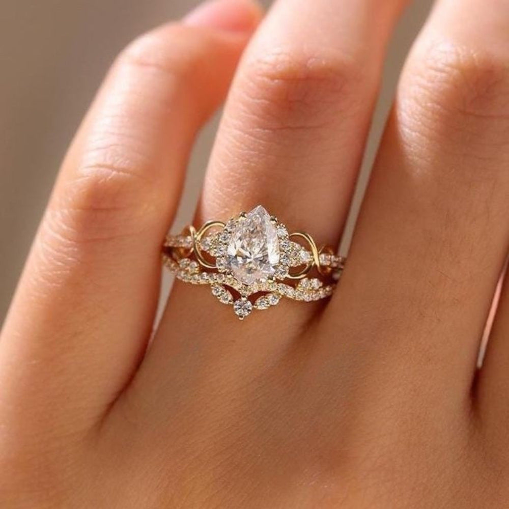 Crown Pear-Shaped Main Diamond S925 Silver Ring, Gold Double Layer Hollow Diamond Inlaid Band, Luxury Engagement Promise Ring