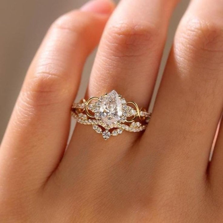 Crown Pear-Shaped Main Diamond S925 Silver Ring, Gold Double Layer Hollow Diamond Inlaid Band, Luxury Engagement Promise Ring