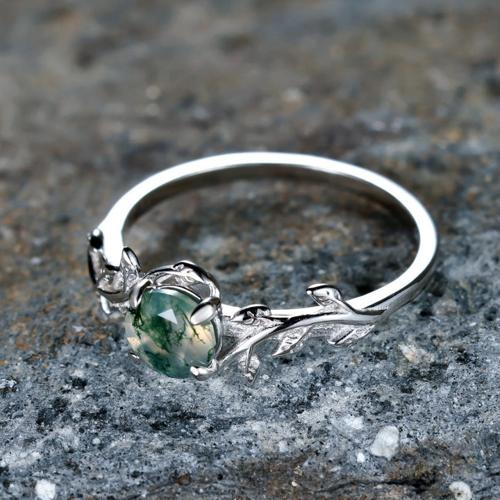 Vine & Moss Agate Nature-inspired Ring, Vintage Silver Tone Green Gemstone Band