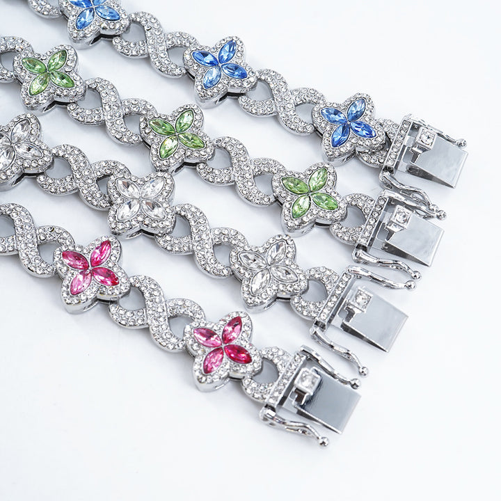 Infinity Knot Clover Clear Diamond Jewelry Set, Gold & Silver Tone Luxury Pave White Gemstone Bracelet & Necklace