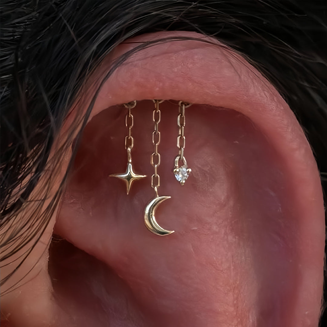 Star Moon Triple Chain Tassel S925 Silver Stud Earrings, Curved Bar Cross Star Moon Diamond Pair Earrings, Gold & Silver Two Tones