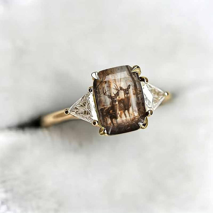 S925 Silver Square Forest‑Deer Pattern Center Stone Ring, Women Slim Band Accented With Trillion‑Cut Diamond