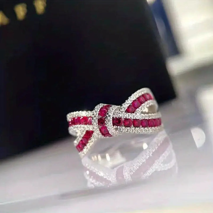 S925 Silver Interwoven Bow Color Gemstone Ring, Red & Blue Gem Pave‑Set Luxury Wide Band for Women