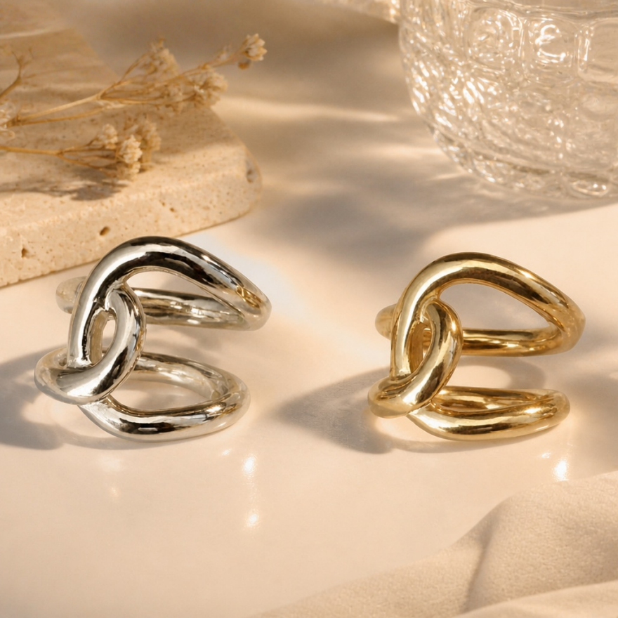 Double Twisted Interlocked Plain Band Ring, Gold & Silver Minimalist Thick Polished Ring