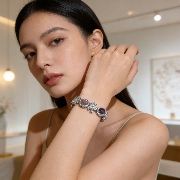 Gemstone & Flower Diamond Tennis Bracelet (Multi-Color Luxury Statement Bangle)