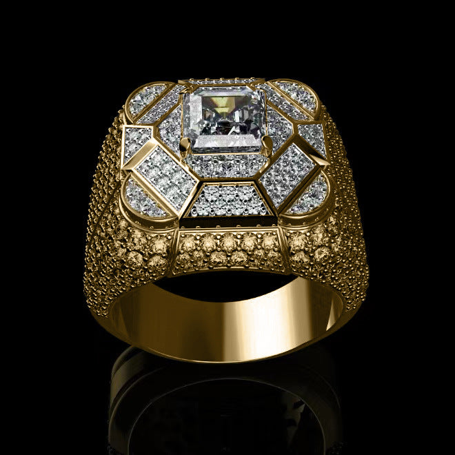 Geometric Mosaic Pave Diamond Square Center Stone Men’s Gold Ring, Solid S925 Silver Gold-Plated Heavy Wide Statement Band for Men