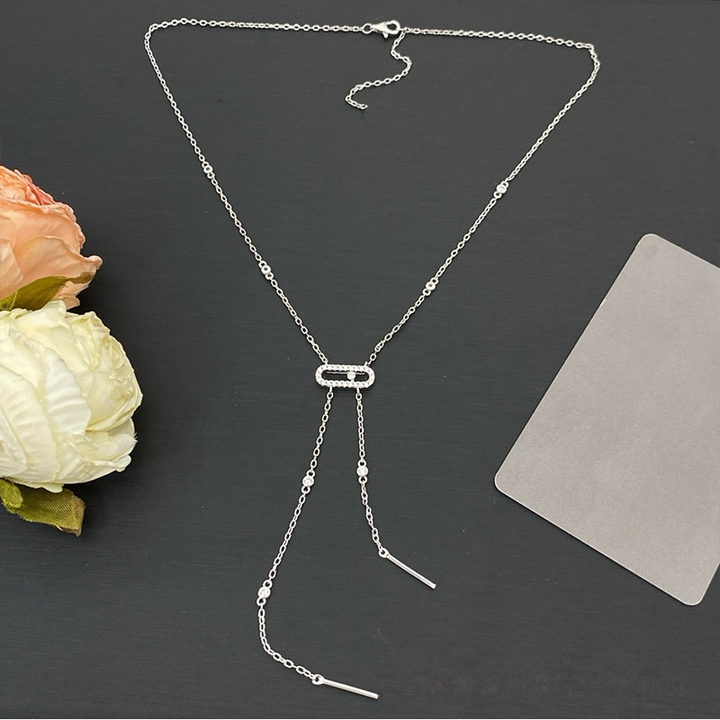 Pave Paperclip Y-Shaped Tassel Choker, Gold & Silver Adjustable Long Luxury Slide Necklace