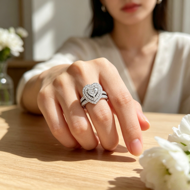 Double Layer Heart Full diamond Stackable Ring Set (Delicate Luxury Engagement Band)