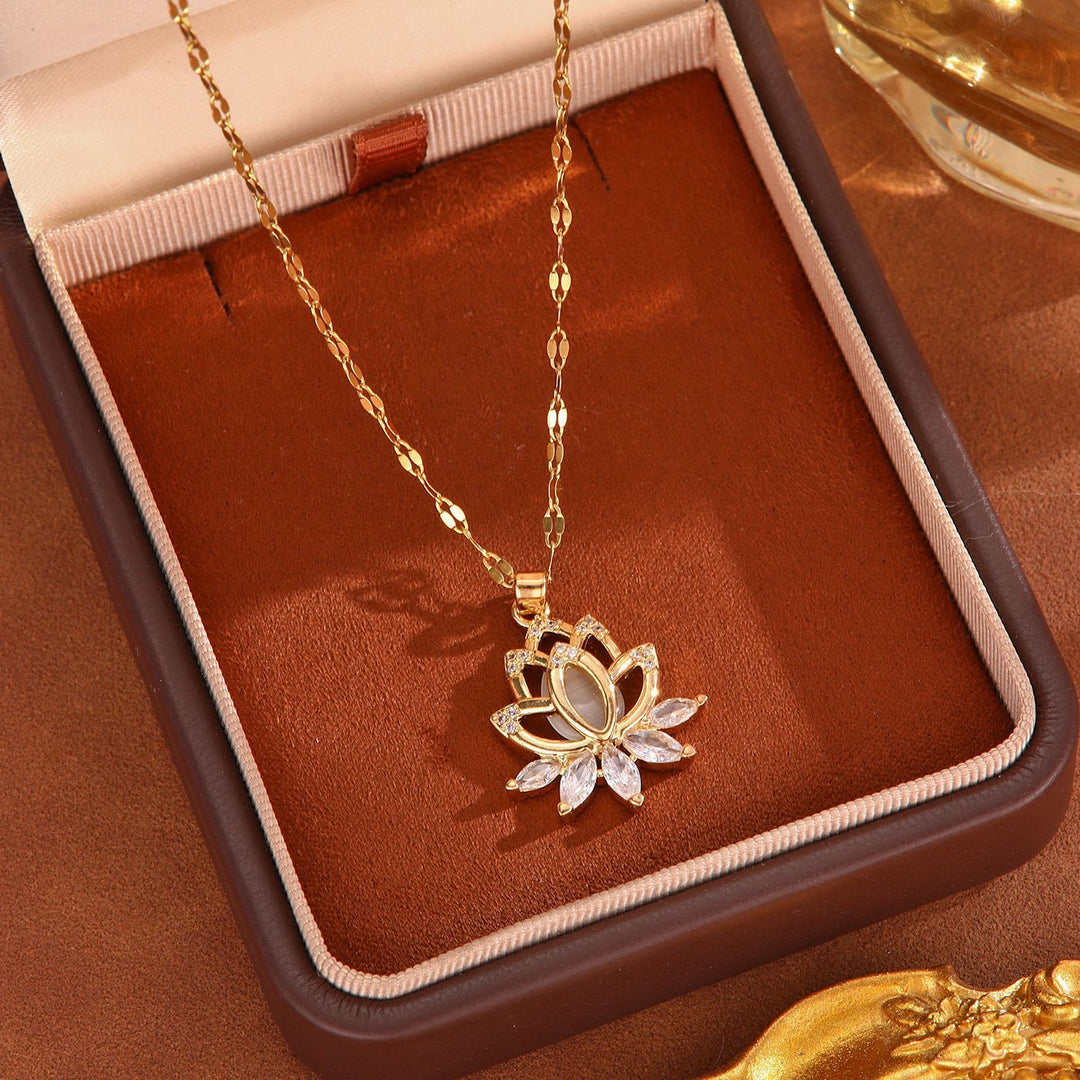 Hollow Lotus Pink Cat's Eye Diamond Collarbone Necklace, 14K Gold Plated Shimmer Fish Scale Dainty Floral Necklace