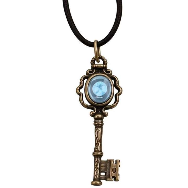 Vintage Antique Bronze Key Pendant Necklace with Blue Crystal