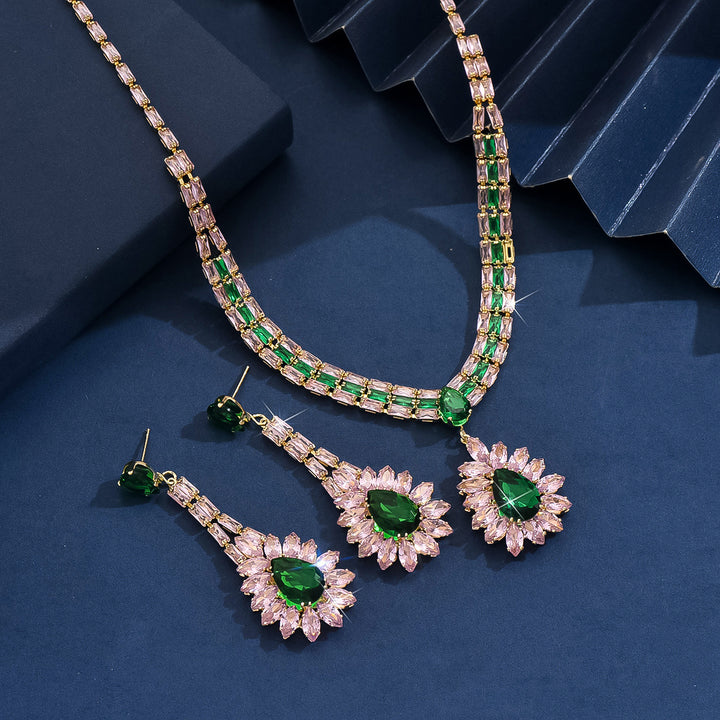 S925 Silver Pink & Green Diamond Necklace and Earring Set, Luxury V-shaped Colored Diamond Jewelry 2-Piece Set for Banquet