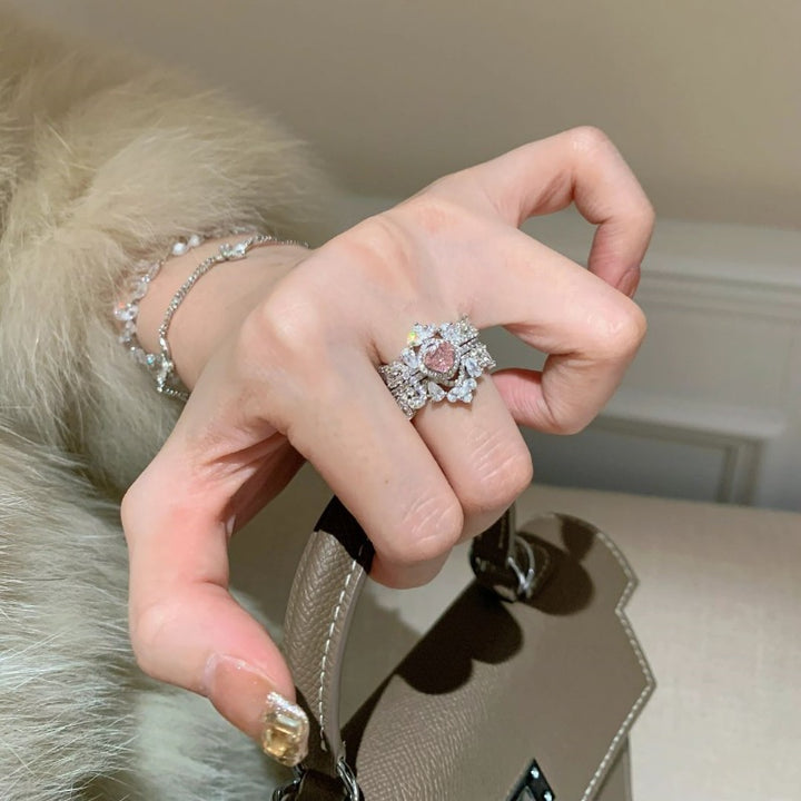 Pink Heart Diamond Floral Cluster Statement Ring (Luxury Girlish Band)