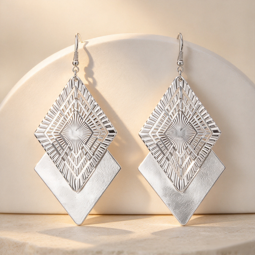 Double Layer Diamond Geometric Engraved Drop Earrings