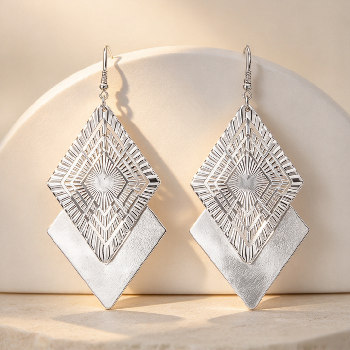 Double Layer Diamond Geometric Engraved Drop Earrings