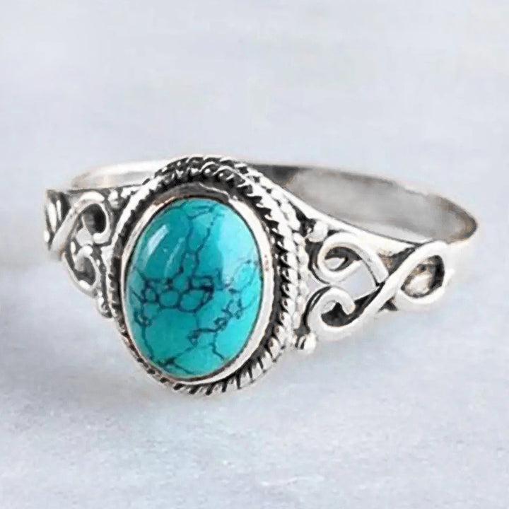 Vintage Turquoise Vines Carved Ring, 3-Tone Ethnic Oval Natural Stone Bohemian Ring for Women