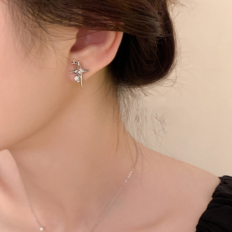 Double Star Burst Diamond Stud Earrings, Delicate Four-point Star S925 Silver Earrings