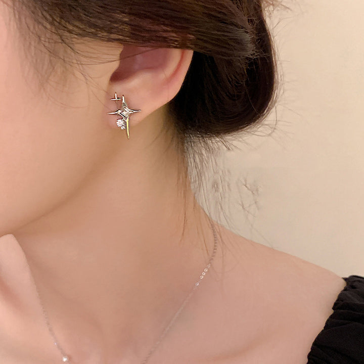 Double Star Burst Diamond Stud Earrings, Delicate Four-point Star S925 Silver Earrings