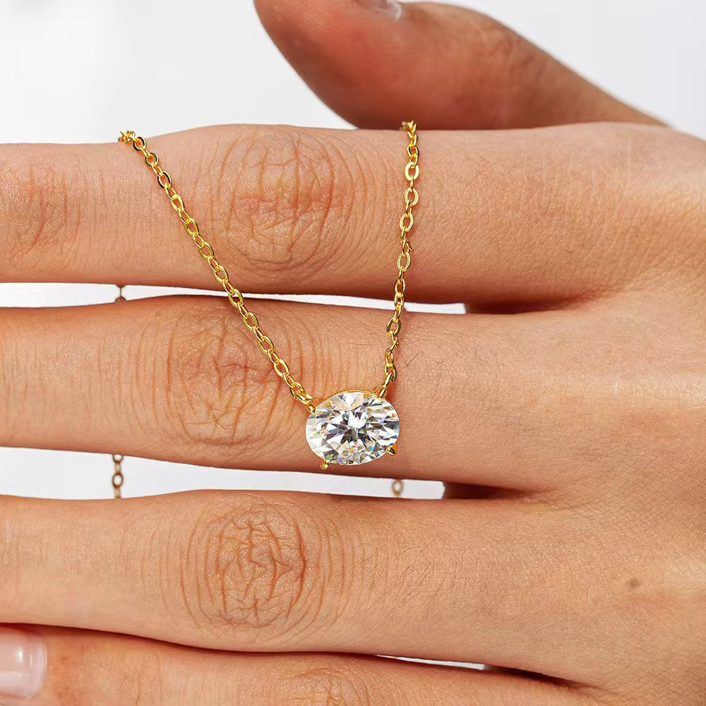 Luxury Single Oval Diamond Solitaire Necklace (Versatile Gold Tone Clavicle Chain)