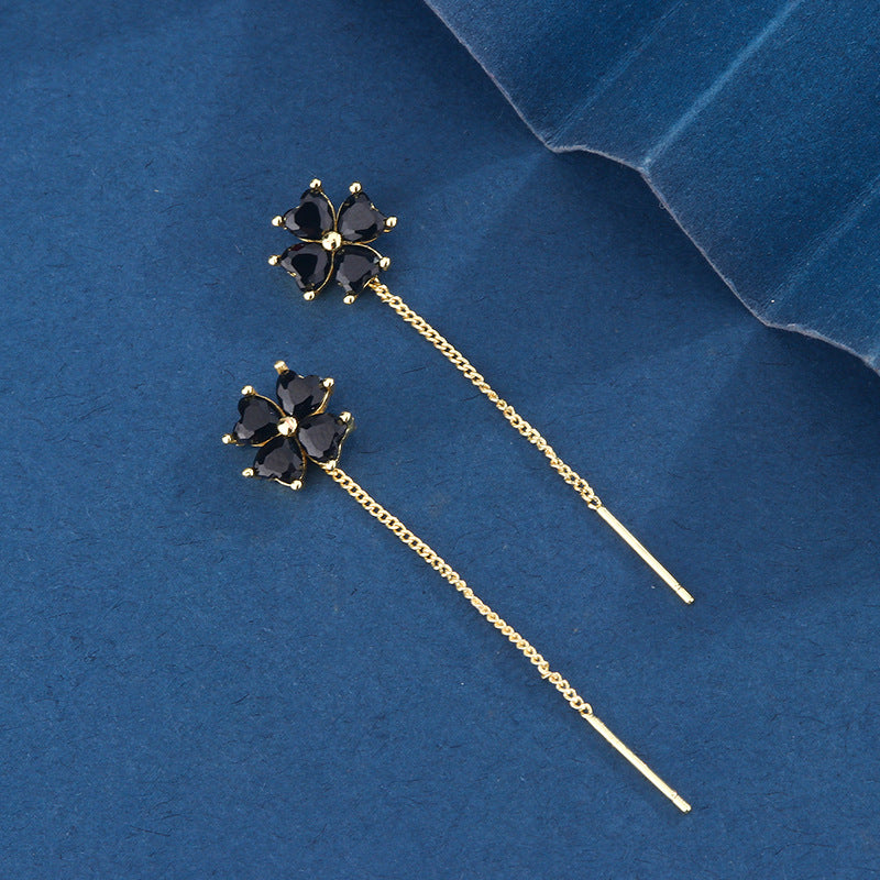 Black Agate Flower Threader Earrings (Vintage Gold Tone Drop Dangles)